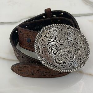 Tony Lama Leather Tooled Belt with Silver Oval Buckle—GREAT!! Unisex—Great Cond!